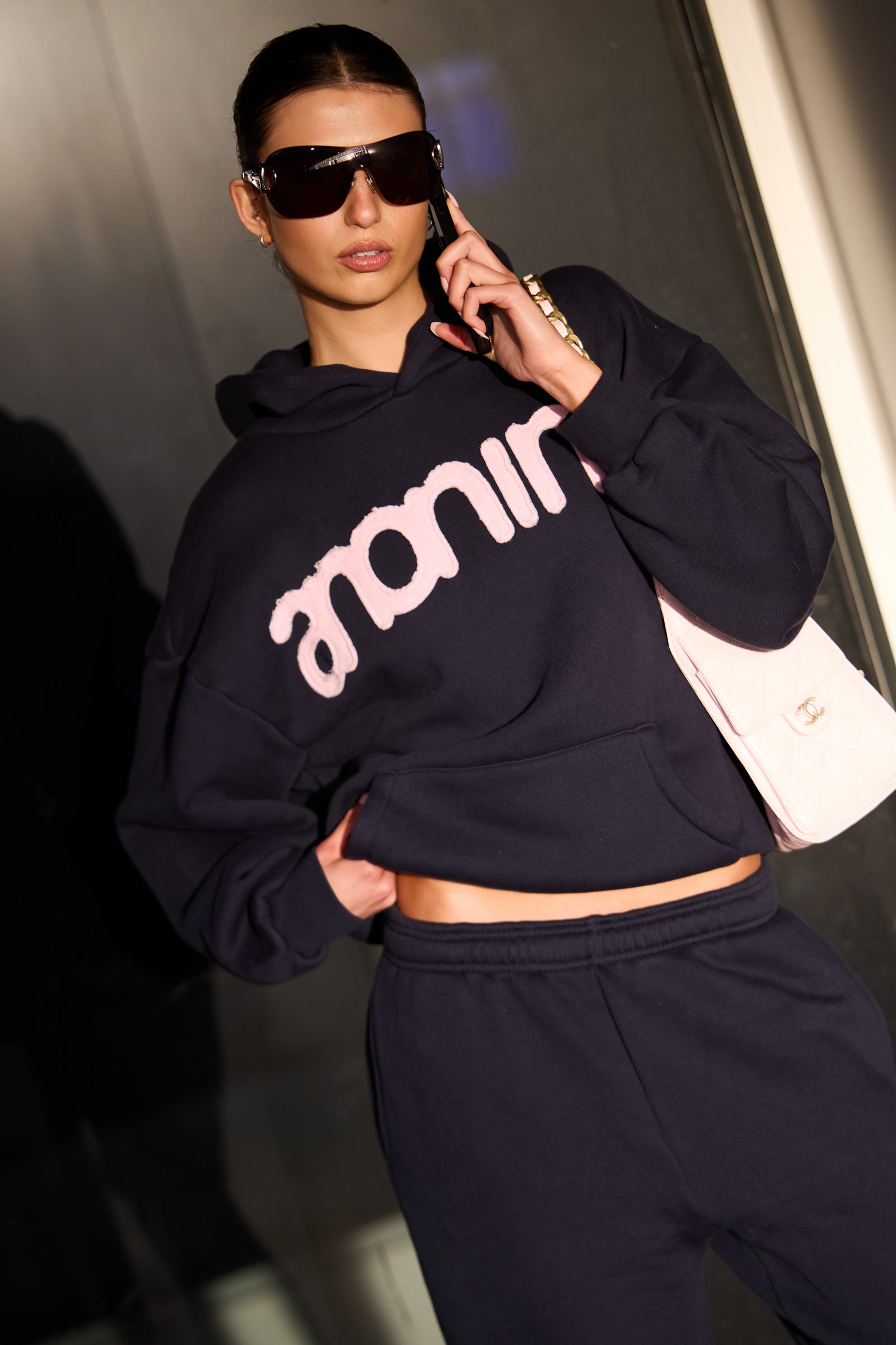 Headline Hood - Navy and Soft Pink