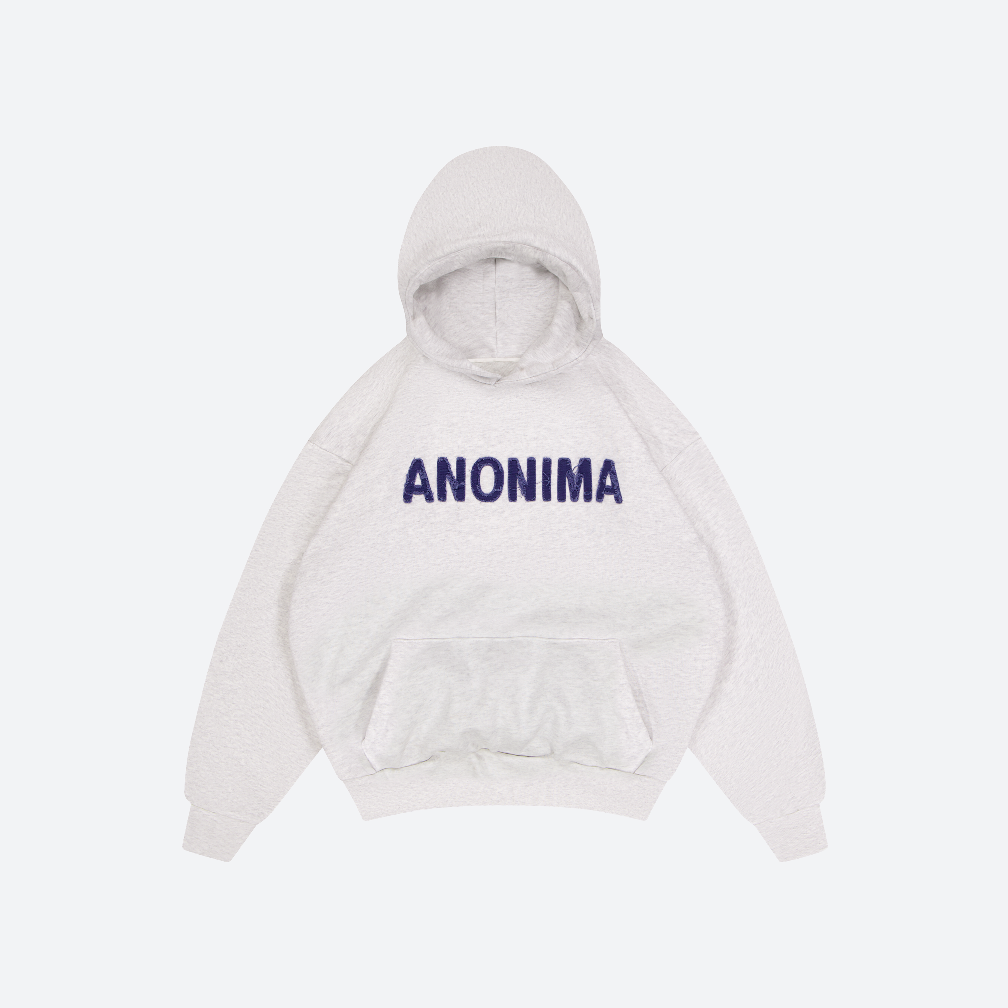 Flat Lay of heather grey anonima hood with 'ANONIMA' text on a light gray background
