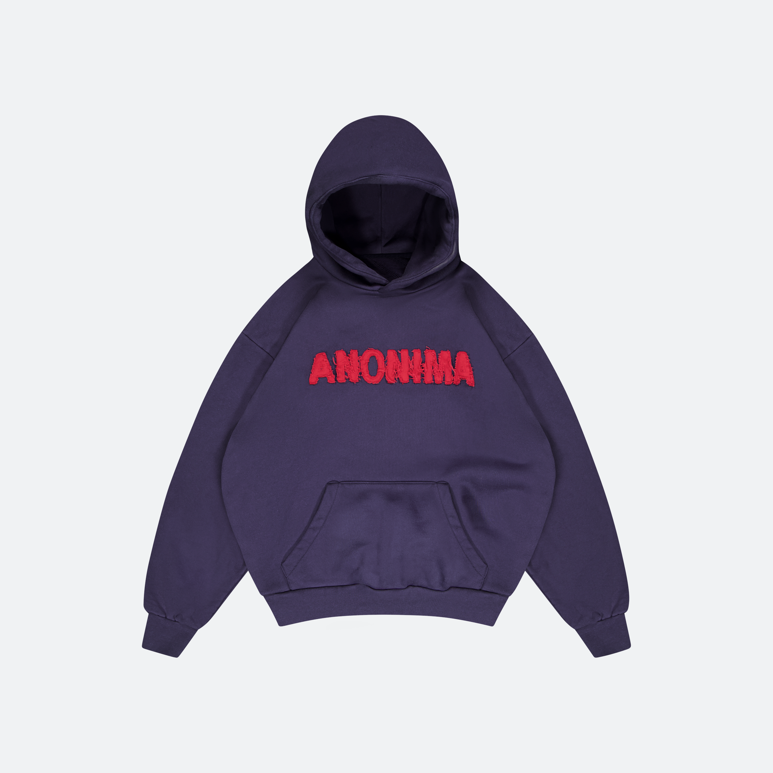 Navy hoodie with red 'ANONIMA' text on a light gray background