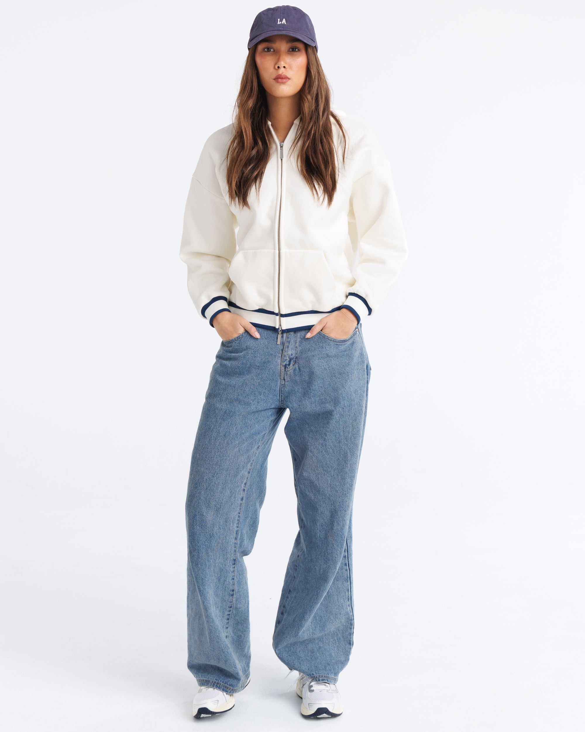 Anonima Zip-Up Hoodie - Ivory with Navy