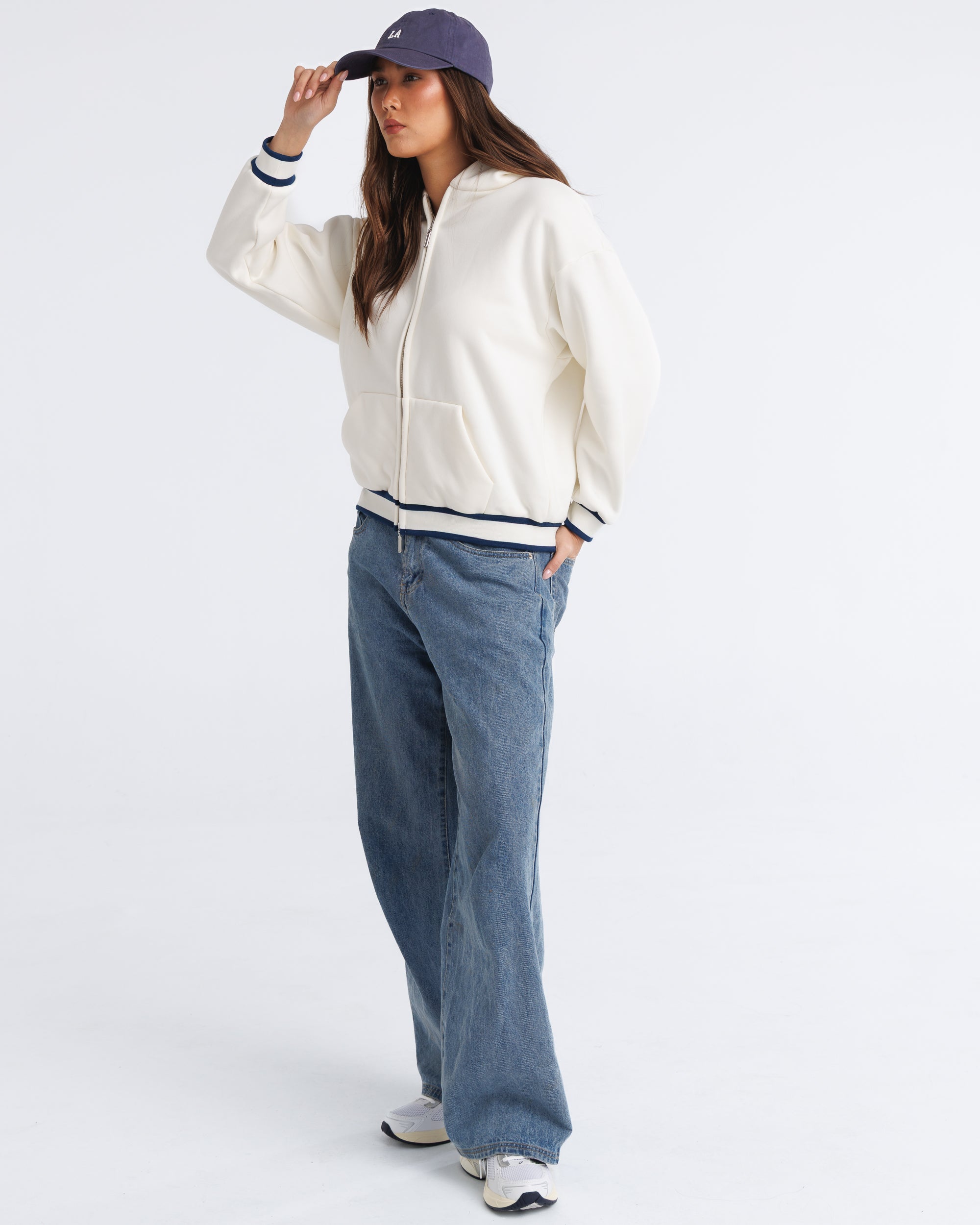 Anonima Zip-Up Hoodie - Ivory with Navy