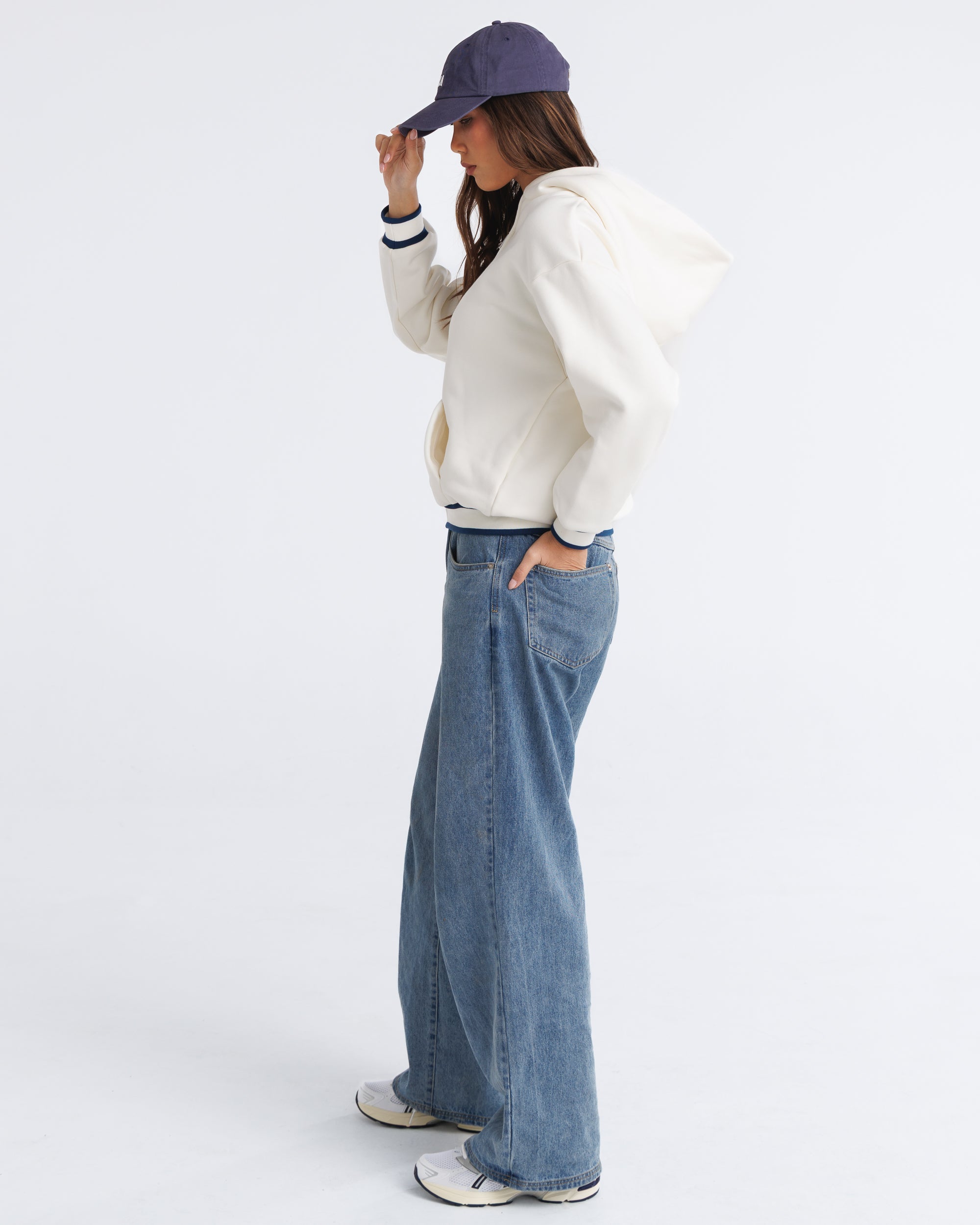 Anonima Zip-Up Hoodie - Ivory with Navy