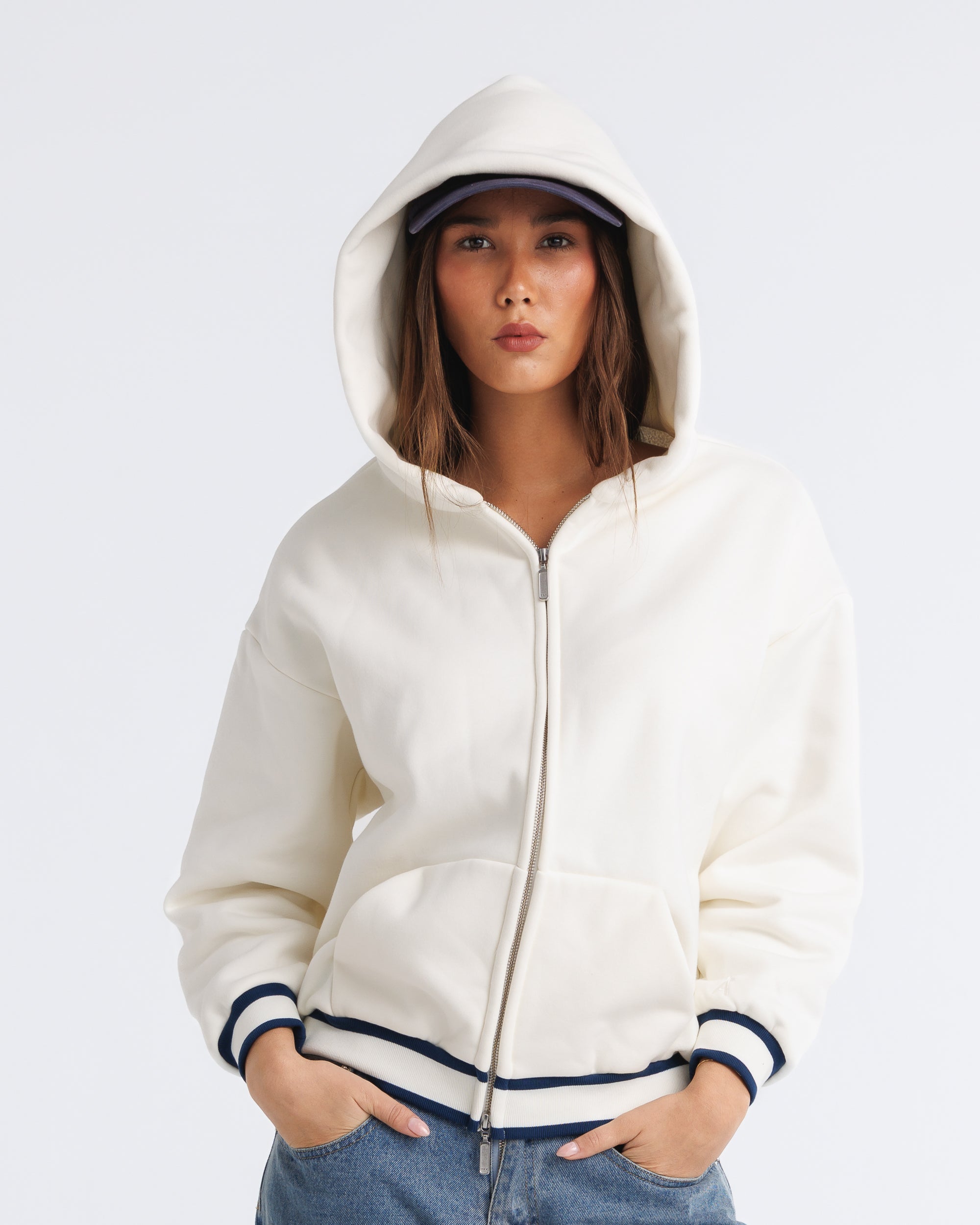 Anonima Zip-Up Hoodie - Ivory with Navy