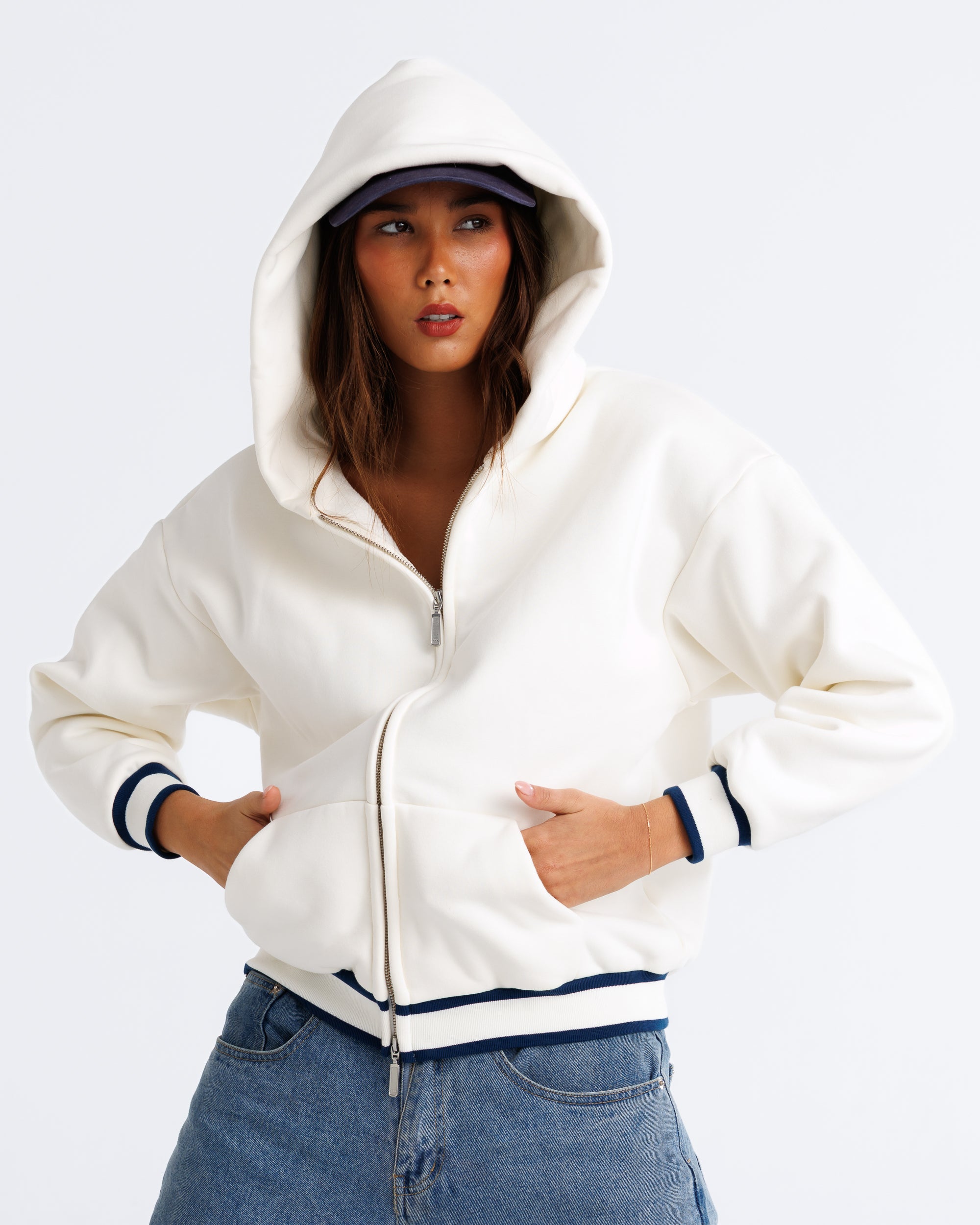 Anonima Zip-Up Hoodie - Ivory with Navy