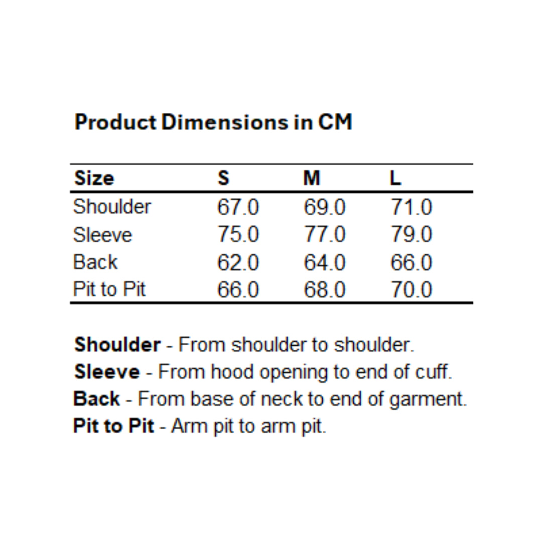 Product dimensions chart in centimeters for sizes S, M, and L.