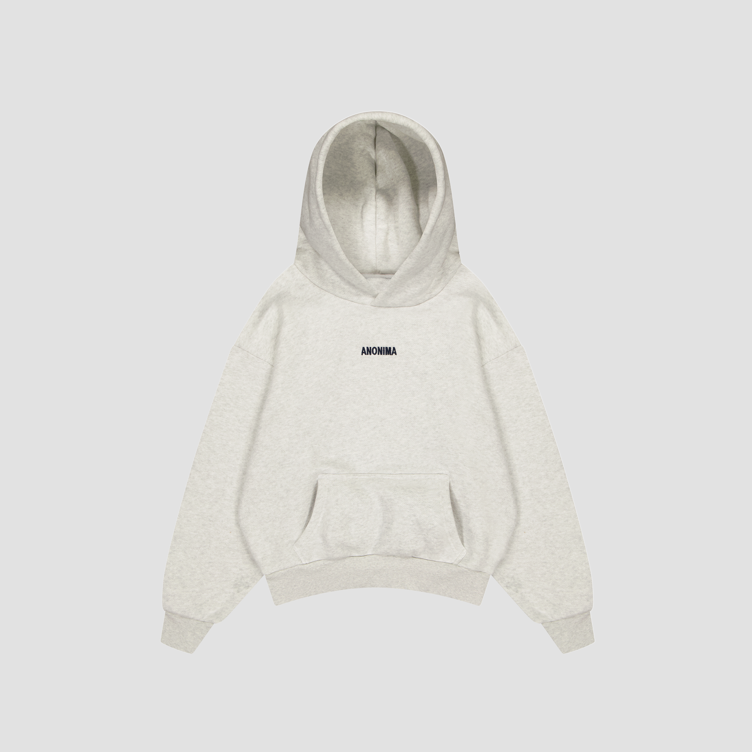 Flat Lay of Lite gray hoodie with a brand logo on a light gray background