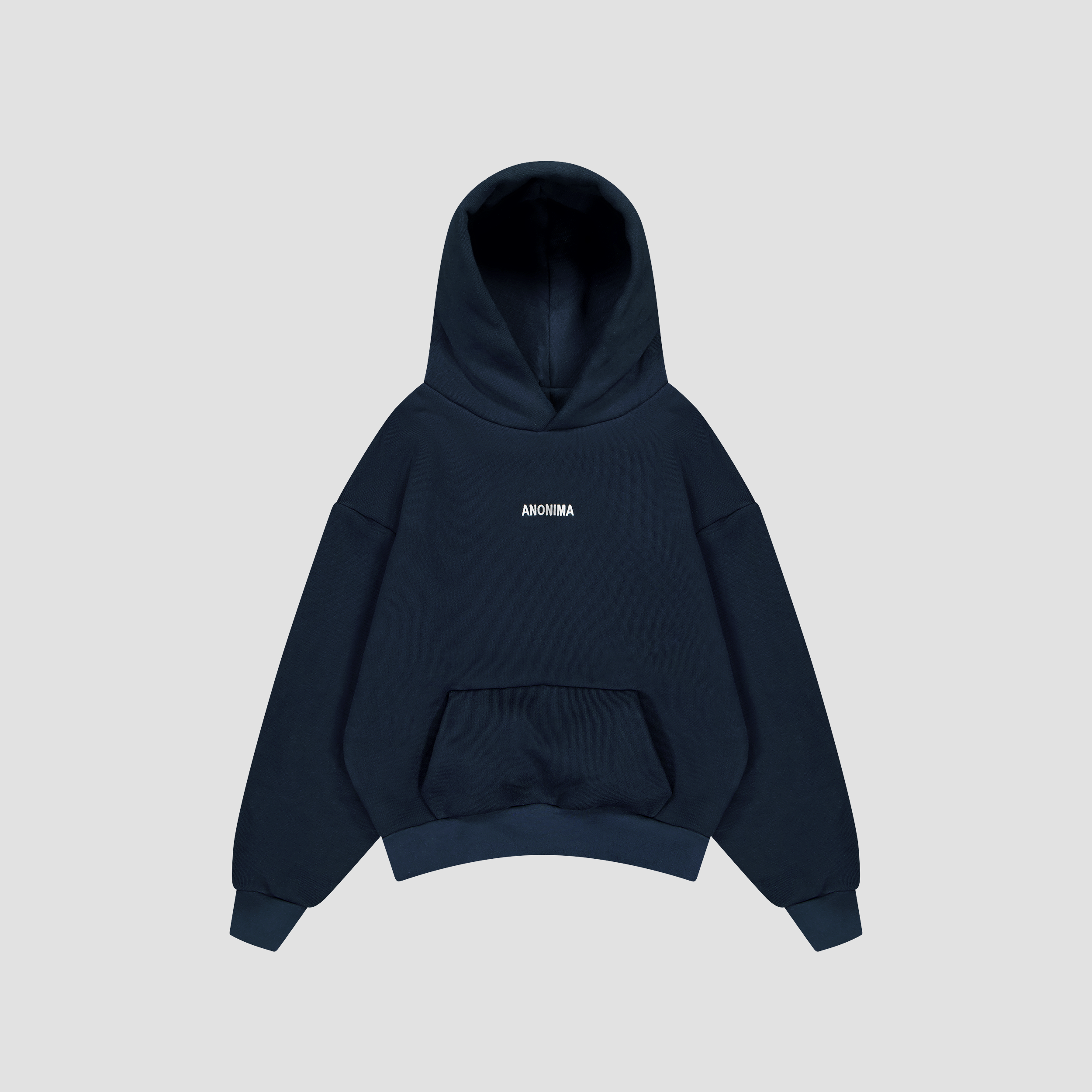 Flat Lay of Blue hoodie with a brand logo on a light gray background