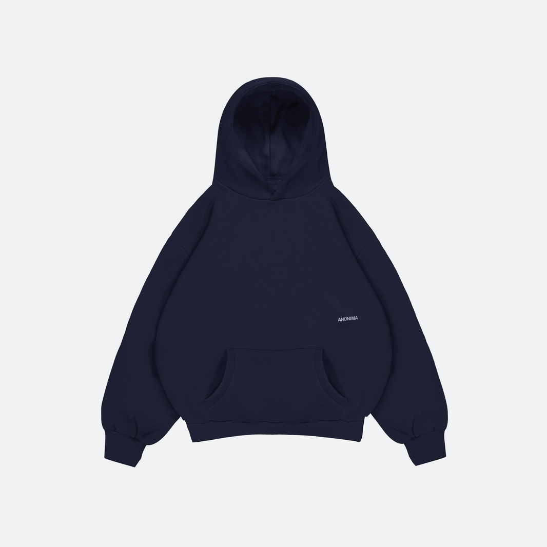 Flat Lay of Blue hoodie with a brand logo on a light gray background
