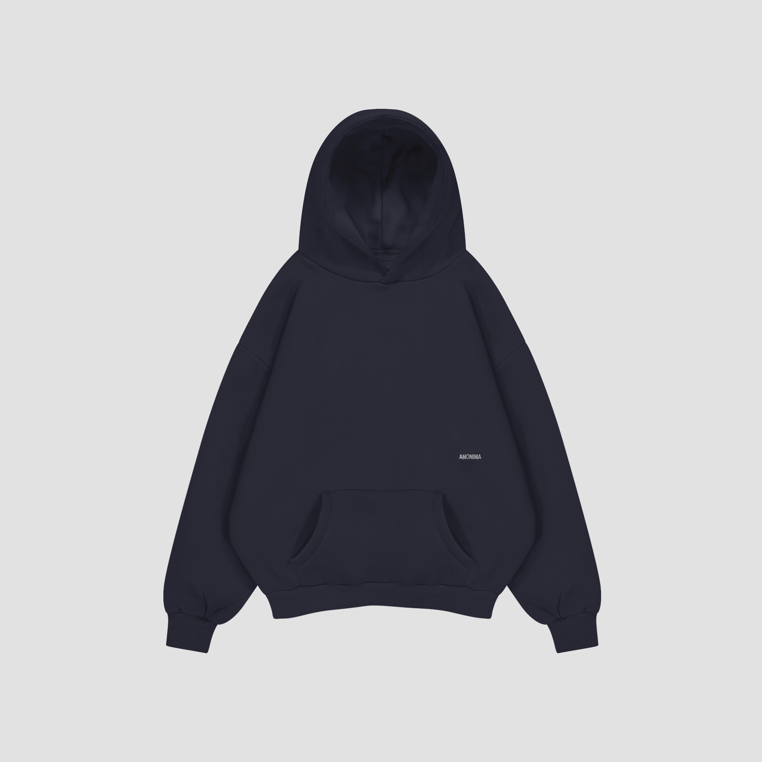 Navy blue hoodie on a light gray background