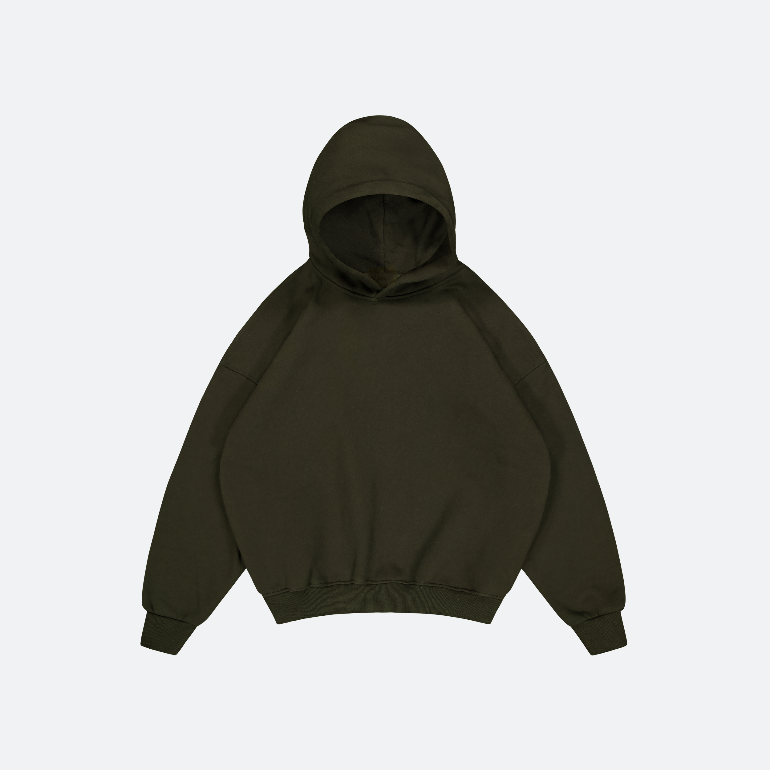 Flat Lay of Olive Green hoodie on a light gray background