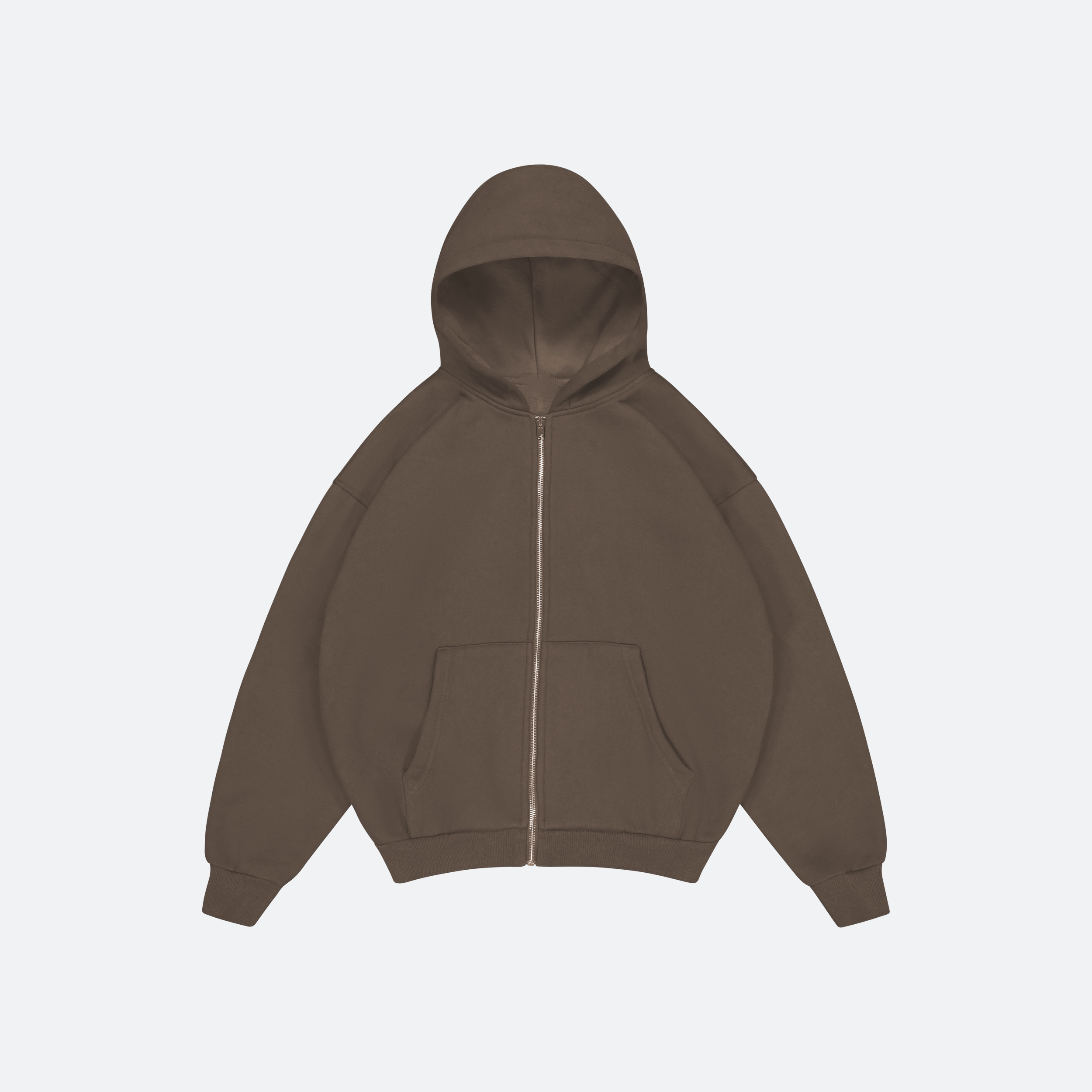 Dark gray hoodie with a zipper on a light gray background