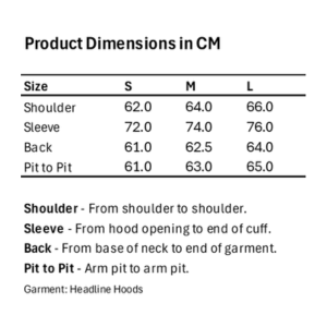 Product dimensions chart for Headline Hoods in centimeters