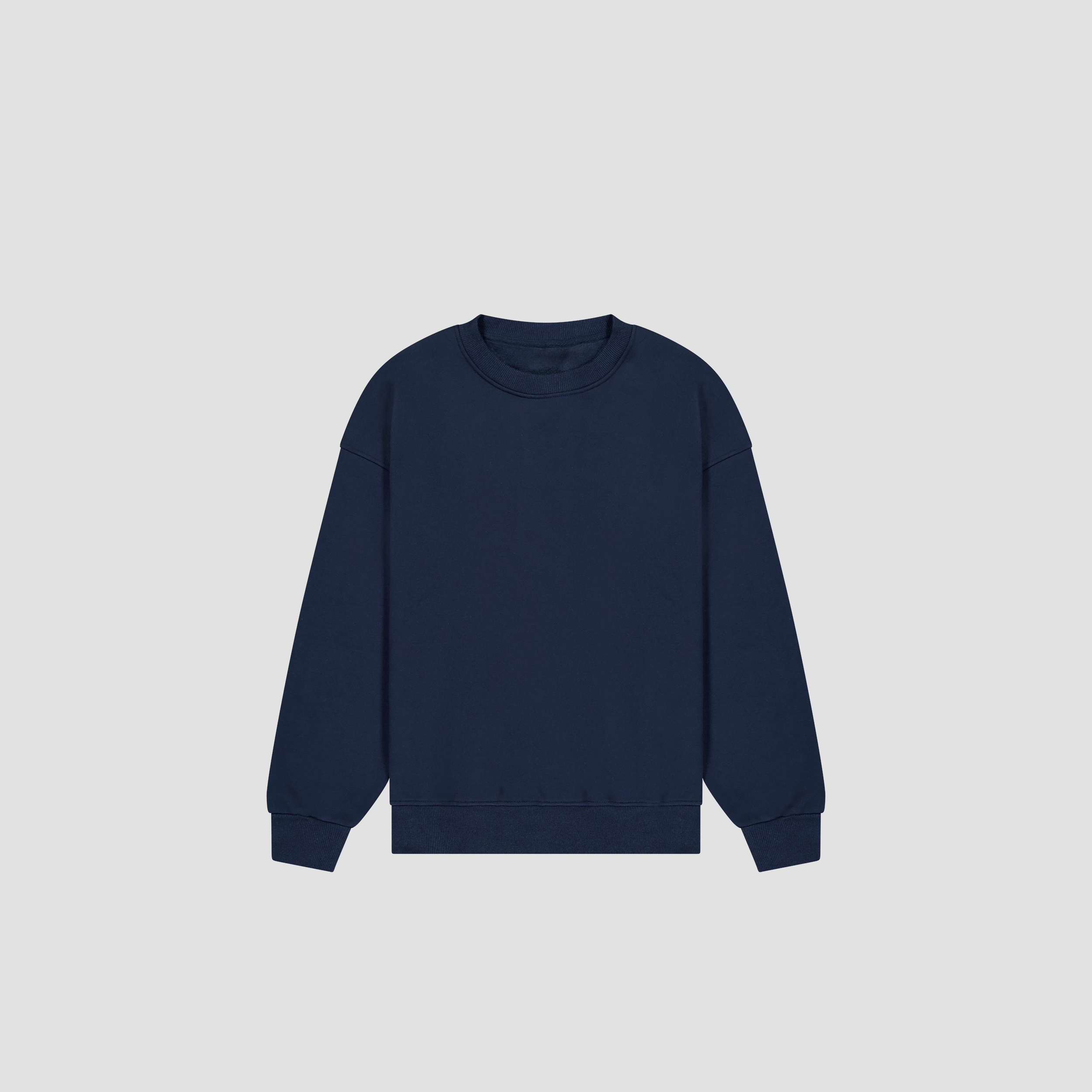 Flat lay of Navy blue sweatshirt on a light gray background